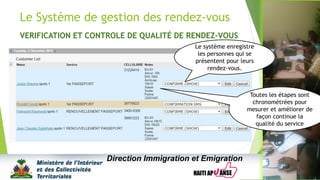 Le Système de gestion des rendez-vous
VERIFICATION ET CONTROLE DE QUALITÉ DE RENDEZ-VOUS
Direction Immigration et Emigration
Toutes les étapes sont
chronométrées pour
mesurer et améliorer de
façon continue la
qualité du service
Le système enregistre
les personnes qui se
présentent pour leurs
rendez-vous.
 