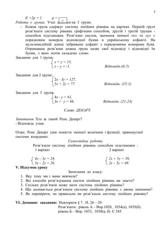 5

К +2р = 1.
р=
-1
Робота у групах. Учні діляться на 3 групи.
- Кожна група одержує систему лінійних рівнянь на картках. Першій групі
розв’язати систему рівнянь графічним способом, другій і третій групам способом підстановки. Розв’язки систем, значення змінної «х» та «у» є
порядковим номером відповідної букви в українському алфавіті. На
мультимедійній дошці зображено алфавіт з порядковими номерами букв.
Отримавши розв’язки кожна група назве свої відповіді і відповідні їм
букви, з яких потім складемо слово.
Завдання для 1 групи:
х + у = 13,
х – у = -1.
Відповідь.(6;7)
Завдання для 2 групи:
2х - 3у = 127,
5х + 2у = 77.
Завдання для 3 групи:
4х - у = 61,
3х + у = 86.

Відповідь. (15;1)

Відповідь. (21;23)

Слово ДЕКАРТ.
Запитання. Хто ж такий Рене Декарт?
- Відповідь учня.
Отже, Рене Декарт увів поняття змінної величини і функції, прямокутної
системи координат.
Самостійна робота
Розв’язати систему лінійних рівнянь способом підстановки :
1 варіант
2 варіант
4х – 3у = 28,
3х – 2у = 26.
V. Підсумок уроку
1.
2.
3.
4.
5.

2х + 5у = 59,
2х – 5у = 49.

Запитання до класу:
Яку тему ми з вами вивчили?
Які способи розв’язування систем лінійних рівнянь ви знаєте?
Скільки розв’язків може мати система лінійних рівнянь?
Що називається розв’язком системи лінійних рівнянь з двома змінними?
Як перевірити, чи правильно ви розв’язали систему лінійних рівнянь?

VI. Домашнє завдання: Повторити § 7. П. 26 – 29.
Розв’язати: рівень А – Впр.1028, 1034(а), 1035(б).
рівень Б – Впр. 1033, 1038(а, б) С.185.

 