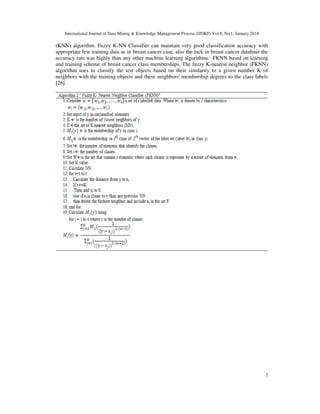 International Journal of Data Mining & Knowledge Management Process (IJDKP) Vol.8, No.1, January 2018
7
(KNN) algorithm. Fuzzy K-NN Classifier can maintain very good classification accuracy with
appropriate few training data as in breast cancer case, also the lack in breast cancer database the
accuracy rate was highly than any other machine learning algorithms. FKNN based on learning
and training scheme of breast cancer class memberships. The fuzzy K-nearest neighbor (FKNN)
algorithm uses to classify the test objects based on their similarity to a given number K of
neighbors with the training objects and these neighbors' membership degrees to the class labels
[26].
 