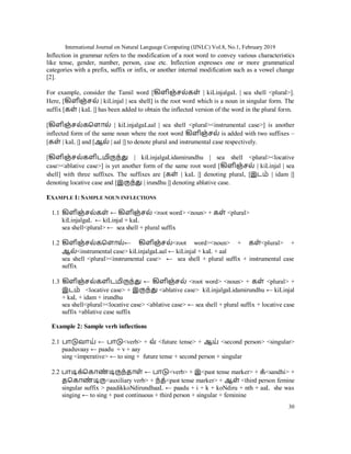 International Journal on Natural Language Computing (IJNLC) Vol.8, No.1, February 2019
30
Inflection in grammar refers to the modification of a root word to convey various characteristics
like tense, gender, number, person, case etc. Inflection expresses one or more grammatical
categories with a prefix, suffix or infix, or another internal modification such as a vowel change
[2].
For example, consider the Tamil word [கிளிஞ்சல் ள் | kiLinjalgaL | sea shell <plural>].
Here, [கிளிஞ்சல் | kiLinjal | sea shell] is the root word which is a noun in singular form. The
suffix [ ள் | kaL |] has been added to obtain the inflected version of the word in the plural form.
[கிளிஞ்சல் தளொல் | kiLinjalgaLaal | sea shell <plural><instrumental case>] is another
inflected form of the same noun where the root word கிளிஞ்சல் is added with two suffixes –
[ ள் | kaL |] and [ஆல் | aal |] to denote plural and instrumental case respectively.
[கிளிஞ்சல் ளிடமிருந்து | kiLinjalgaLidamirundhu | sea shell <plural><locative
case><ablative case>] is yet another form of the same root word [கிளிஞ்சல் | kiLinjal | sea
shell] with three suffixes. The suffixes are [ ள் | kaL |] denoting plural, [இடம் | idam |]
denoting locative case and [இருந்து | irundhu |] denoting ablative case.
EXAMPLE 1: SAMPLE NOUN INFLECTIONS
1.1 கிளிஞ்சல் ள் ← கிளிஞ்சல் <root word> <noun> + ள் <plural>
kiLinjalgaL ← kiLinjal + kaL
sea shell<plural> ← sea shell + plural suffix
1.2 கிளிஞ்சல் தளொல்← கிளிஞ்சல்<root word><noun> + ள்<plural> +
ஆல்<instrumental case> kiLinjalgaLaal ← kiLinjal + kaL + aal
sea shell <plural><instrumental case> ← sea shell + plural suffix + instrumental case
suffix
1.3 கிளிஞ்சல் ளிடமிருந்து ← கிளிஞ்சல் <root word> <noun> + ள் <plural> +
இடம் <locative case> + இருந்து <ablative case> kiLinjalgaLidamirundhu ← kiLinjal
+ kaL + idam + irundhu
sea shell<plural><locative case> <ablative case> ← sea shell + plural suffix + locative case
suffix +ablative case suffix
Example 2: Sample verb inflections
2.1 பொடுவொய் ← பொடு<verb> + வ் <future tense> + ஆய் <second person> <singular>
paaduvaay ← paadu + v + aay
sing <imperative> ← to sing + future tense + second person + singular
2.2 பொடி ்த ொண் டிருந் ொள் ← பொடு<verb> + இ<past tense marker> + ்<sandhi> +
த ொண் டிரு<auxiliary verb> + ந் ்<past tense marker> + ஆள் <third person femine
singular suffix > paadikkoNdirundhaaL ← paadu + i + k + koNdiru + nth + aaL she was
singing ← to sing + past continuous + third person + singular + feminine
 