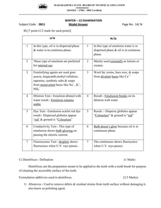 MAHARASHTRA STATE BOARD OF TECHNICAL EDUCATION
(Autonomous)
(ISO/IEC - 27001 - 2005 Certified)
__________________________________________________________________________________________________
WINTER – 12 EXAMINATION
Subject Code : 0811 Model Answer Page No : 14/ N
B) [7 point (1/2 mark for each point)]
o/w w/o
1 In this type, oil is in dispersed phase
& water is in continous phase.
1 In this type of emulsion water is in
dispersed phase & oil is in continous
phase.
2 These type of emulsion are preferred
for internal use
2 Mainly used externally as lotions or
creams.
3 Emulsifying agents are used gum
acacia, tregacanth,methyl cellulose,
saponins, synthetic subs & soaps
from monovalent bases like Na+
, K+
,
NH4
+
3 Wool fat, resins, bees wax, & soaps
from divalent bases like Ca++
4 Dilution Test:- Emulsion diluted with
water result:- Emulsion remains
stable
4 Result:- Emulusion breaks on its
dilution with water
5 Dye Test:- Emulusion scarlet red dye
result:- Dispersed globules appear
‘red’ & ground is “Colourless”
5 Result :- Disperse globules appear
“Colourless” & ground is “red”
6 Conductivity Test:- This type of
emulusion shows bulb glowing on
passing the electric current.
6 Bulb doesn’t glow because oil is in
continouse phase
7 Fluorescense Test:- droplets shows
fluorscence when U.V. rays passes.
7 The continuous shows fluorscence
when U.V. rays passes.
C) Dentifrices:- Defination (1 Mark)
Dentifrices are the preparation meant to be applied to the teeth with a tooth brush for purpose
of cleaning the accessible surface of the teeth.
Formulation additivies used in dentifrices. (2.5 Marks)
1) Abrasives:- Used to remove debris & residual strains from teeth surface without damaging it,
also know as polishing agent.
 