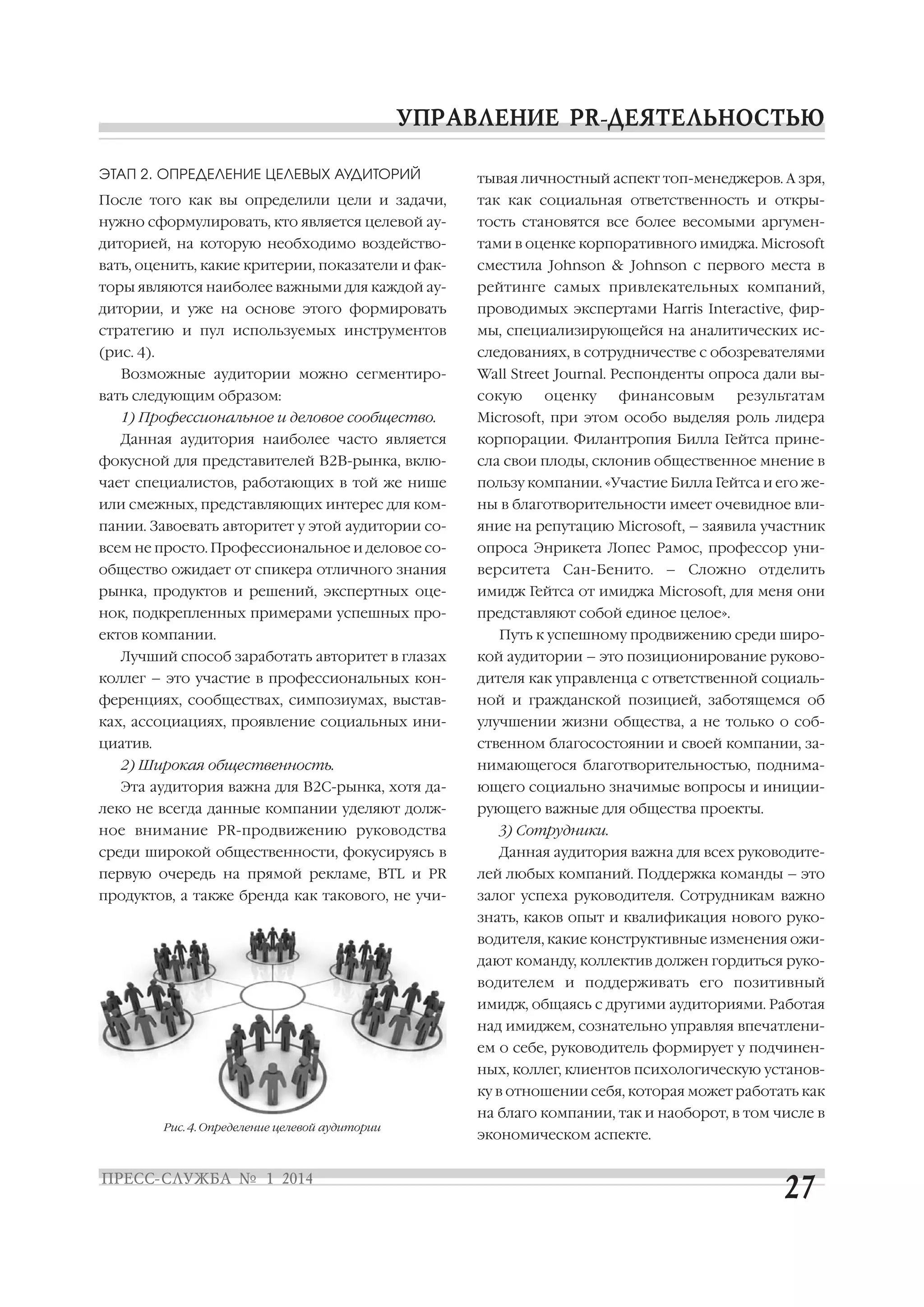 ЭТАП 2. ОПРЕДЕЛЕНИЕ ЦЕЛЕВЫХ АУДИТОРИЙ

тывая личностный аспект топ менеджеров. А зря,

После того как вы определили цели и задачи,

так как социальная ответственность и откры

нужно сформулировать, кто является целевой ау

тость становятся все более весомыми аргумен

диторией, на которую необходимо воздейство

тами в оценке корпоративного имиджа. Microsoft

вать, оценить, какие критерии, показатели и фак

сместила Johnson & Johnson с первого места в

торы являются наиболее важными для каждой ау

рейтинге самых привлекательных компаний,

дитории, и уже на основе этого формировать

проводимых экспертами Harris Interactive, фир

стратегию и пул используемых инструментов

мы, специализирующейся на аналитических ис

(рис. 4).

следованиях, в сотрудничестве с обозревателями

Возможные аудитории можно сегментиро
вать следующим образом:

Wall Street Journal. Респонденты опроса дали вы
сокую

оценку

финансовым

результатам

1) Профессиональное и деловое сообщество.

Microsoft, при этом особо выделяя роль лидера

Данная аудитория наиболее часто является

корпорации. Филантропия Билла Гейтса прине

фокусной для представителей B2B рынка, вклю

сла свои плоды, склонив общественное мнение в

чает специалистов, работающих в той же нише

пользу компании. «Участие Билла Гейтса и его же

или смежных, представляющих интерес для ком

ны в благотворительности имеет очевидное вли

пании. Завоевать авторитет у этой аудитории со

яние на репутацию Microsoft, – заявила участник

всем не просто. Профессиональное и деловое со

опроса Энрикета Лопес Рамос, профессор уни

общество ожидает от спикера отличного знания

верситета Сан Бенито. – Сложно отделить

рынка, продуктов и решений, экспертных оце

имидж Гейтса от имиджа Microsoft, для меня они

нок, подкрепленных примерами успешных про

представляют собой единое целое».

ектов компании.
Лучший способ заработать авторитет в глазах

Путь к успешному продвижению среди широ
кой аудитории – это позиционирование руково

коллег – это участие в профессиональных кон

дителя как управленца с ответственной социаль

ференциях, сообществах, симпозиумах, выстав

ной и гражданской позицией, заботящемся об

ках, ассоциациях, проявление социальных ини

улучшении жизни общества, а не только о соб

циатив.

ственном благосостоянии и своей компании, за

2) Широкая общественность.

нимающегося благотворительностью, поднима

Эта аудитория важна для B2C рынка, хотя да

ющего социально значимые вопросы и иниции

леко не всегда данные компании уделяют долж

рующего важные для общества проекты.

ное внимание PR продвижению руководства

3) Сотрудники.

среди широкой общественности, фокусируясь в

Данная аудитория важна для всех руководите

первую очередь на прямой рекламе, BTL и PR

лей любых компаний. Поддержка команды – это

продуктов, а также бренда как такового, не учи

залог успеха руководителя. Сотрудникам важно
знать, каков опыт и квалификация нового руко
водителя, какие конструктивные изменения ожи
дают команду, коллектив должен гордиться руко
водителем и поддерживать его позитивный
имидж, общаясь с другими аудиториями. Работая
над имиджем, сознательно управляя впечатлени
ем о себе, руководитель формирует у подчинен
ных, коллег, клиентов психологическую установ
ку в отношении себя, которая может работать как
на благо компании, так и наоборот, в том числе в

Рис. 4. Определение целевой аудитории

экономическом аспекте.

 