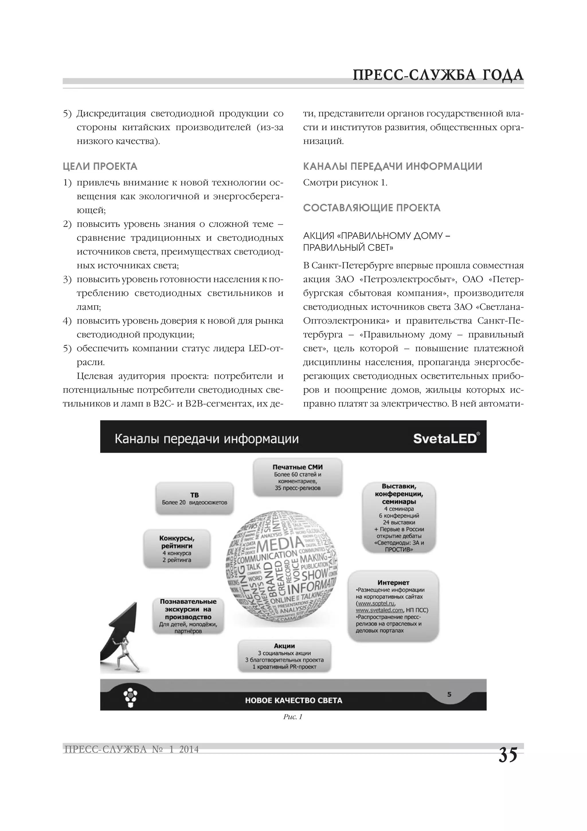 5) Дискредитация светодиодной продукции со

ти, представители органов государственной вла

стороны китайских производителей (из за

сти и институтов развития, общественных орга

низкого качества).

низаций.

ЦЕЛИ ПРОЕКТА

КАНАЛЫ ПЕРЕДАЧИ ИНФОРМАЦИИ

1) привлечь внимание к новой технологии ос

Смотри рисунок 1.

вещения как экологичной и энергосберега

СОСТАВЛЯЮЩИЕ ПРОЕКТА

ющей;
2) повысить уровень знания о сложной теме –
источников света, преимуществах светодиод

АКЦИЯ «ПРАВИЛЬНОМУ ДОМУ –
ПРАВИЛЬНЫЙ СВЕТ»

ных источниках света;

В Санкт Петербурге впервые прошла совместная

сравнение традиционных и светодиодных

акция ЗАО «Петроэлектросбыт», ОАО «Петер

3) повысить уровень готовности населения к по
треблению светодиодных светильников и

бургская сбытовая компания», производителя

ламп;

светодиодных источников света ЗАО «Светлана
Оптоэлектроника» и правительства Санкт Пе

4) повысить уровень доверия к новой для рынка

тербурга – «Правильному дому – правильный

светодиодной продукции;

свет», цель которой – повышение платежной

5) обеспечить компании статус лидера LED от
расли.

дисциплины населения, пропаганда энергосбе

Целевая аудитория проекта: потребители и

регающих светодиодных осветительных прибо

потенциальные потребители светодиодных све

ров и поощрение домов, жильцы которых ис

тильников и ламп в В2С и В2В сегментах, их де

правно платят за электричество. В ней автомати

Рис. 1

 
