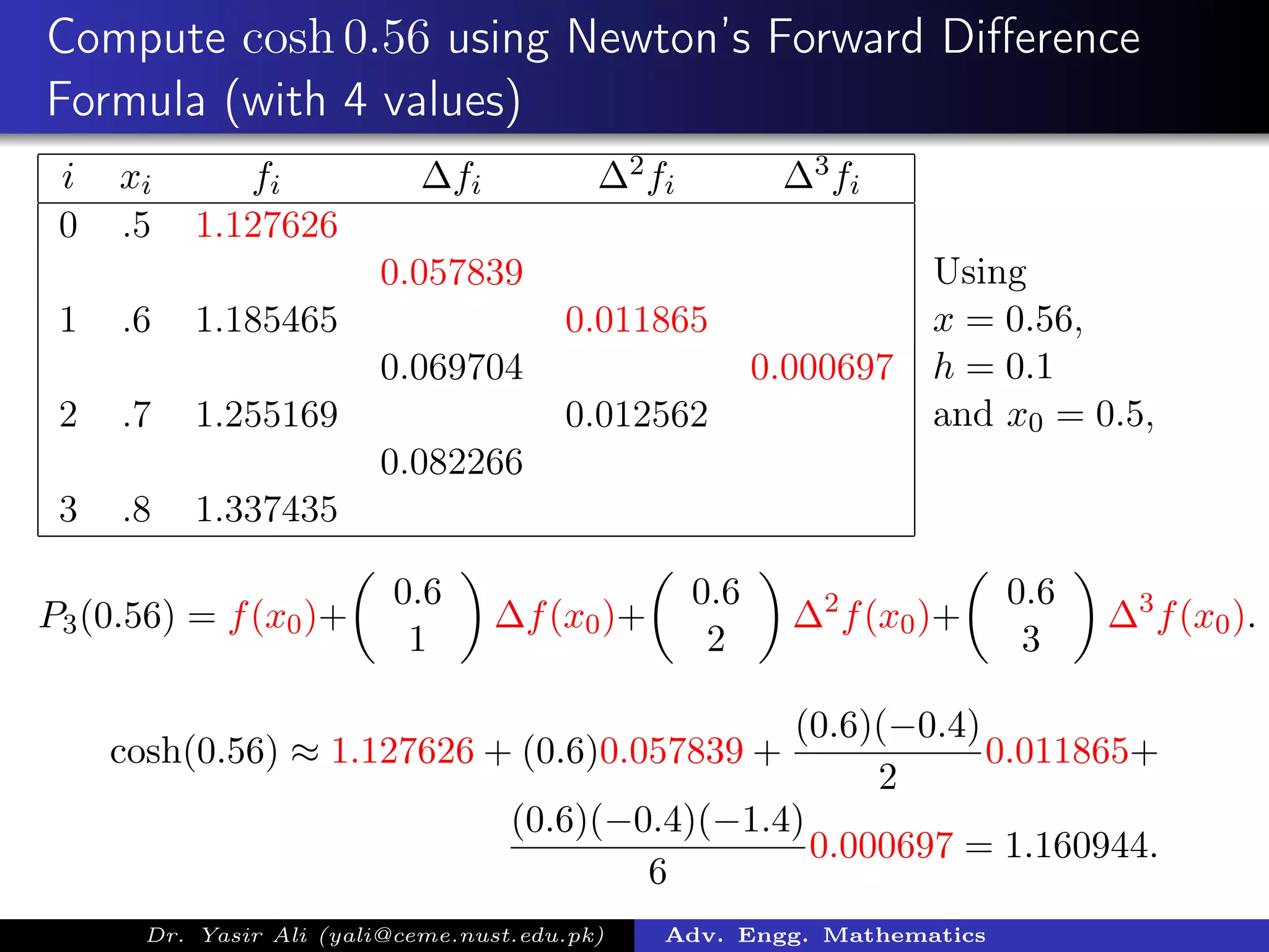 Compute cosh 0.56 using Newton’s Forward Diﬀerence
Formula (with 4 values)
i xi fi ∆fi ∆2fi ∆3fi
0 .5 1.127626
0.057839
1 .6 1.185465 0.011865
0.069704 0.000697
2 .7 1.255169 0.012562
0.082266
3 .8 1.337435
Using
x = 0.56,
h = 0.1
and x0 = 0.5,
P3(0.56) = f(x0)+
0.6
1
∆f(x0)+
0.6
2
∆2
f(x0)+
0.6
3
∆3
f(x0).
cosh(0.56) ≈ 1.127626 + (0.6)0.057839 +
(0.6)(−0.4)
2
0.011865+
(0.6)(−0.4)(−1.4)
6
0.000697 = 1.160944.
Dr. Yasir Ali (yali@ceme.nust.edu.pk) Adv. Engg. Mathematics
 