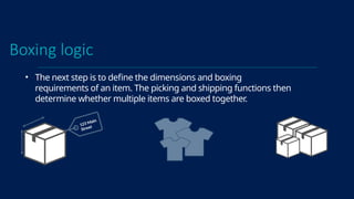 Boxing logic
• The next step is to define the dimensions and boxing
requirements of an item. The picking and shipping functions then
determine whether multiple items are boxed together.
123 Main
Street
 