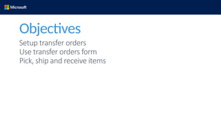 Setup transfer orders
Use transfer orders form
Pick, ship and receive items
Objectives
 