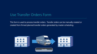 Use Transfer Orders Form
This form is used to process transfer orders. Transfer orders can be manually created or
created from firmed planned transfer orders generated by master scheduling.
Transfer
 