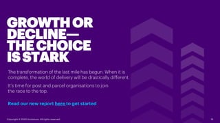 Read our new report here to get started
GROWTHOR
DECLINE—
THECHOICE
ISSTARK
19
The transformation of the last mile has begun. When it is
complete, the world of delivery will be drastically different.
It’s time for post and parcel organisations to join
the race to the top.
Copyright © 2020 Accenture. All rights reserved.
 