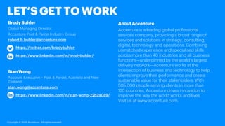 LET’S GET TO WORK
Brody Buhler
Global Managing Director
Accenture Post & Parcel Industry Group
robert.b.buhler@accenture.com
https://twitter.com/brodybuhler
https://www.linkedin.com/in/brodybuhler/
About Accenture
Accenture is a leading global professional
services company, providing a broad range of
services and solutions in strategy, consulting,
digital, technology and operations. Combining
unmatched experience and specialised skills
across more than 40 industries and all business
functions—underpinned by the world’s largest
delivery network—Accenture works at the
intersection of business and technology to help
clients improve their performance and create
sustainable value for their stakeholders. With
505,000 people serving clients in more than
120 countries, Accenture drives innovation to
improve the way the world works and lives.
Visit us at www.accenture.com.
Copyright © 2020 Accenture. All rights reserved.
Stan Wong
Account Executive – Post & Parcel, Australia and New
Zealand
stan.wong@accenture.com
https://www.linkedin.com/in/stan-wong-22b2a0a9/
 
