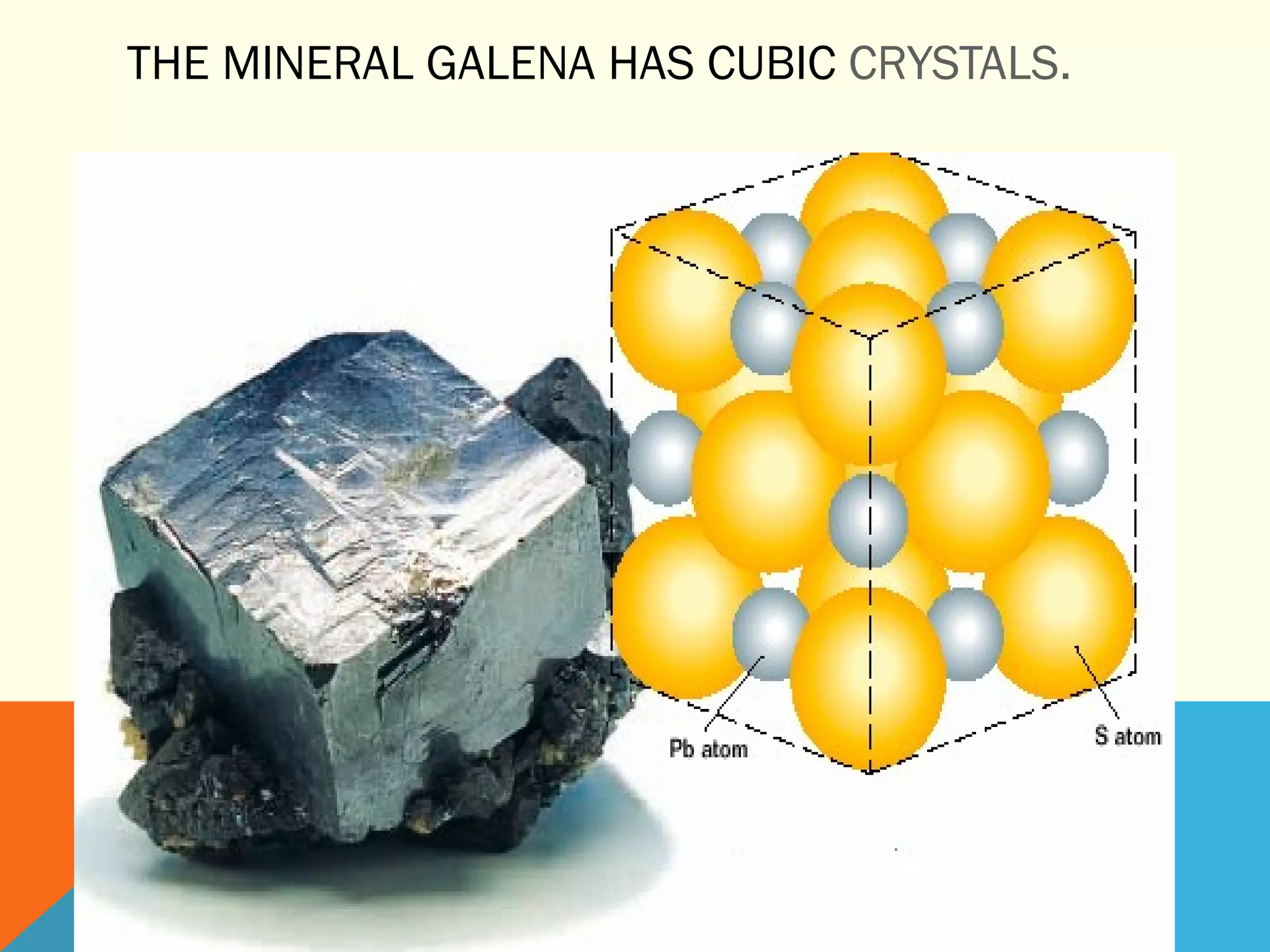 THE MINERAL GALENA HAS CUBIC CRYSTALS.
 