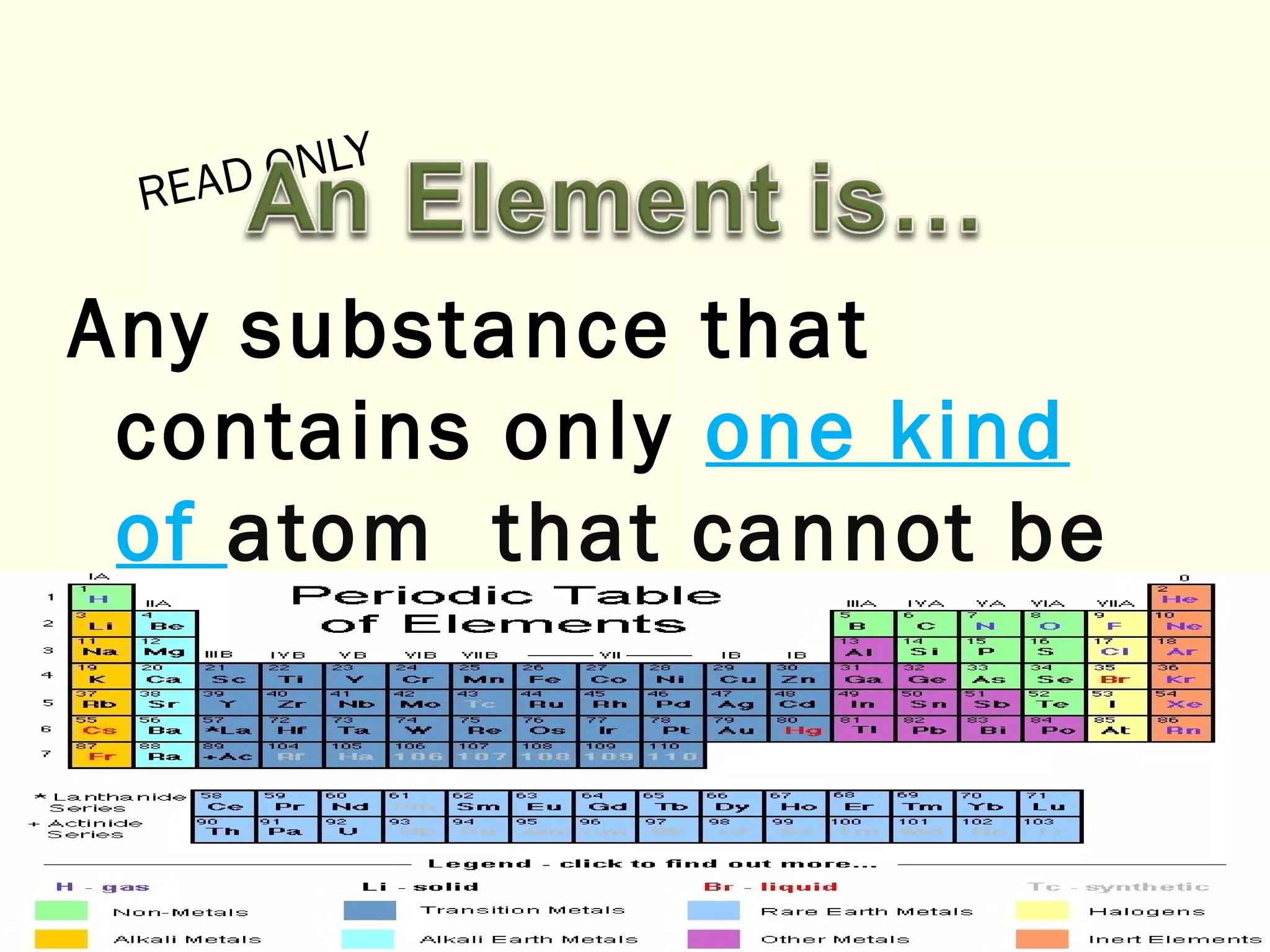 READ ONLY
Any substance that
contains only one kind
of atom that cannot be
separated.
 