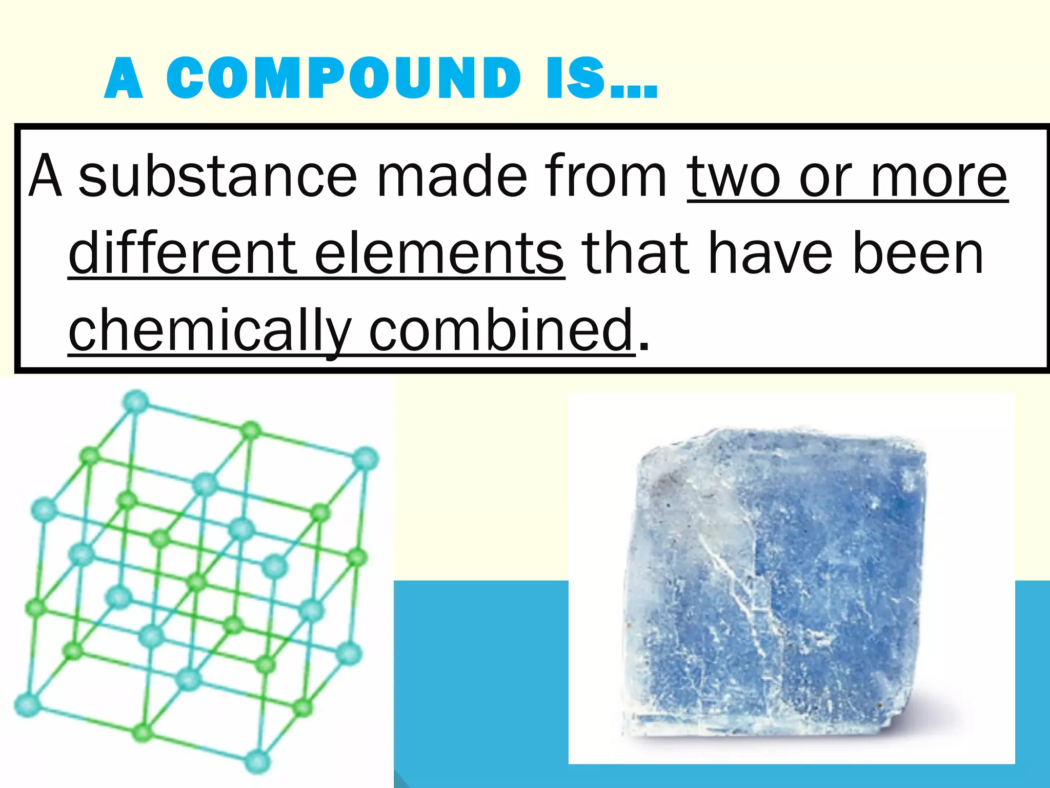A COMPOUND IS…
A substance made from two or more
different elements that have been
chemically combined.
 
