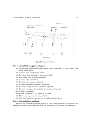 ENVIRONMENTAL SCIENCE : ECOSYSTEM 127
Trophic levels
Green plants
producers
Consumers
2
Herbivores
NU NA
3
Carnivores
Total light
1 and L
heat
3000 — 15000 15 1.5 0.3
R R R
LA PN P2 P3
K cal/m /day2
L
PN 1 A
A
P P1
1
P orG
Fig. 3.2 Energy flow diagram
This is a simplified energy flow diagram
(1) The diagram depicts three trophic levels. Boxes numbered 1, 2, 3 in a leaner food
chain exhibit these.
(2) L. shows total energy input (3000).
(3) LA shows light absorbed by plant cover (1500).
(4) P.G. shows gross Primary production.
(5) A shows total assimilation.
(6) Pn shows net primary production.
(7) P shows secondary (consumer) production.
(8) Nu shows energy not used (stored or exported).
(9) NA shows energy not assimilated by consumers (egested).
(10) R shows respiration.
Some more elucidation of the figure is as under:
(1) The ‘boxes’ represent the trophic levels
(2) The ‘pipes’ depict the energy flow in and out of each level.
Energy inflows balance outflows
The first law of thermodynamics requires it. The energy transfer is accompanied by
dispersion of energy into unavailable heat (i.e. respiration). The second law requires it.
 