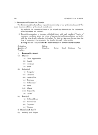 298 ENVIRONMENTAL SCIENCE
11. Membership of Professional Councils
The Environment teacher should enjoy the membership of any professional council. The
main functions of these professional councils are:
1. To organize the commercial fairs in the schools to demonstrate the commercial
activities before the students.
2. To get the magazines or journals published timely with high standard. Teacher of
commerce can know about his extent of success in teaching profession and styles
with the help of self-evaluation by teacher. For this very purpose, he may take the
help of supervisor who evaluates the teacher through rating scales.
Rating Scales To Evaluate the Performance of Environment teacher
Evaluation Rating
Qualities of Excellent Better Good Ordinary Poor
Teachers
1. Personality Aspect
(a) Physical
(i) Outer Appearance
(ii) Health
(iii) Language
(iv) Voice
(b) Individual
(i) Sympathy
(ii) Objective
(iii) Impartiality
(iv) Tolerance
(v) Self-control
(vi) Social
(vii) Liberal
(viii) Regularity
(ix) Dutiful
(c) Practical
(i) Self-confidence
(ii) Resourceful
(iii) Organizer
(iv) Director
2. Educational Aspect
(a) Mastery over subject
 