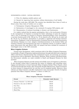 ENVIRONMENTAL SCIENCE : NATURAL RESOURCES 35
(i) First, for adopting suitable pattern and
(ii) Second, for improving farm practices without deterioration of soil health.
During the ninth plan 1997-2002. The ministry has identified three items of work as
thrust areas, these items of workers are as under:
(i) Participatory Irrigation Management (PIM),
(ii) Reclamation of waterlogged in the command of on-going CAD projects, and
(iii) Dissemination of technical knowledge to farmers and functionaries.
It is rightly realized that the popular participation, that is, the involvement of farmers
in the management of irrigation is essential for better utilizations of water for irrigation
with a view to encourage an incentive to Farmers Associations/Water Users’ Associations,
a one-time function grant of Rs. 500 per ha. (To be shared as Rs. 255 per ha, by state and
Rs. 50 per ha. by Farmers’ Associations) is provided to registered and function Farmers’
Associations. Emphasis is laid on dissemination of technical know-how among functionaries
and farmers. Keeping it in view, adaptive trials/demonstrations in the farmers’ fields and
training of farmers and functionaries has been an important activity. It would be called a
great achievement that upto March 2002, 441 projects had been included for treatment of
waterlogged areas in the CAD commands.
Minor Irrigation Scheme
Ground water development, which constitutes bulk of the Minor Irrigation Programme,
is essentially a People’s Programme implemented primary through individual and co-operative
efforts with finance obtained mainly from institutional sources. To encourage use of water-
saving devices such as Sprinklers, Drip Systen, Hydrams, Water Turbines and Hand Pumps,
the Government subsidies are made available to Small and Marginal Farmers for their
purchase.
Minor Irrigation Schemes provide instant and reliable source of irrigation to cultivators.
It also provides critical help in improving the status of irrigation and controlling water-
logging and Salinistion in Canal Command, Minor Irrigation Surface Water Projects, which
are financed through plan Funds, often chronically drought-affected areas. Initial investment
on these schemes is comparatively low and they can be completed quickly. Moreover, these
schemes are labour-intensive and offer employment to the rural people. Growth of irrigation
potential from Minor Irrigation Schemes is shown in Table 2.4.
Table 2.4
Minor Irrigation Potential (Comulative)
Period Potential (Lakh Hectate)
Ultimate Potential ( by 2010 AD) 550.00
Potential at the end of 1950-51 129.00
First Plan 140.00
Second Plan 147.50
Third Plan 170.00
 