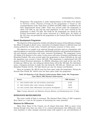 46 ENVIRONMENTAL SCIENCE
Programmes. The programme is under implementation in 615 block of 91 district
in thirteen states. Present coverage of the programme is based on the
recommendations of the ‘Task Force on DPAP and DDP (1982)’ as modified by the
Inter Departmental Group (1984). Total area covered under the programme is
about 5.54 lakh sq. km and the total population in the areas covered by the
programme is about 775 lakh. The funds for the programme are shared by the
Central Government and the states concerned on a 50:50 basis. An Outlay of
Rs. 237 crore was provided for the programme in the Central Plan for the Seventh
Plan Period.
Desert Development Programme
The objectives of this programme include controlling the process of desertification mitigate
the effects of drought in desert areas, restoration of ecological balance in affected areas and
raising productivity of land, water, livestock and human resources in these areas.
The objectives are sought to be achieved through activities such as a forestation with
special emphasis on sand dune stablisation, shelterbelt plantation and grassland development,
soil and moisture conservation and water resources development. The programme covers
131 blocks of 21 districts in five states. It also covers cold areas of Jammu and Kashmir and
Himachal Pradesh. The area covered under this programme is about 3.62-lakh sq. km and
the population area covered is about 150 lakh. This programme is implemented with 100
percent Central Financial Assistance. In 1989-90, allocations were made at the rate of Rs.
24 lakhs per 1000 sq. km., the ceiling per district hence will be Rs. 500 lakh. For cold desert
areas, a lumpsum provision is made, the rate being Rs. 100 lakh per district per year for
Himachal Pradesh and Rs. 150 lakh district per year for Jammu and Kashmir.
Since its inception, Rs. 291.33 crore has been spent under the programme. During the
Seventh Plan Period, Rs. 194.04 crore has been spent under the programme.
Table 2.6 Depiction of the Physical Achievements Made Under The Programme
Upto March 1990 Physical Achievements
Sector (’000 hectare)
(i) Area treated under soil and moisture conservation 91.28
(ii) Area treated under water resources development 34.90
(iii) Area covered under afforestation and pasture development 179.18
Note: Courtesy Research and Reference Division Ministry and Broadcasting Govt. of India.
INTER-STATE WATER DISPUTES
The water wealth of India is enormous. The National Water Policy of 1987 recognizes
River Basin as a unit for the purpose of harnessing the water potential.
Reasons for Differences
Major River Basin of the Country are all almost Inter-state. With so many rivers
flowing through more than one state, it is a natural phenomenon that differences would
arise sometime or other amongst concerned states with regard to use and distribution of
 