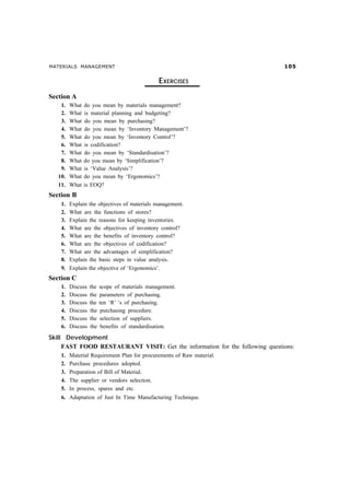MATERIALS MANAGEMENT                                                         #

                                                EXERCISES
Section A
    1.   What   do you mean by materials management?
    2.   What   is material planning and budgeting?
    3.   What   do you mean by purchasing?
    4.   What   do you mean by ‘Inventory Management’?
    5.   What   do you mean by ‘Inventory Control’?
    6.   What   is codification?
    7.   What   do you mean by ‘Standardisation’?
    8.   What   do you mean by ‘Simplification’?
    9.   What   is ‘Value Analysis’?
   10.   What   do you mean by ‘Ergonomics’?
   11.   What   is EOQ?
Section B
    1.   Explain the objectives of materials management.
    2.   What are the functions of stores?
    3.   Explain the reasons for keeping inventories.
    4.   What are the objectives of inventory control?
    5.   What are the benefits of inventory control?
    6.   What are the objectives of codification?
    7.   What are the advantages of simplification?
    8.   Explain the basic steps in value analysis.
    9.   Explain the objective of ‘Ergonomics’.
Section C
    1.   Discuss   the   scope of materials management.
    2.   Discuss   the   parameters of purchasing.
    3.   Discuss   the   ten ‘R’ ’s of purchasing.
    4.   Discuss   the    purchasing procedure.
    5.   Discuss   the   selection of suppliers.
    6.   Discuss   the    benefits of standardisation.
Skill Development
     FAST FOOD RESTAURANT VISIT: Get the information for the following questions:
    1.   Material Requirement Plan for procurements of Raw material.
    2.   Purchase procedures adopted.
    3.   Preparation of Bill of Material.
    4.   The supplier or vendors selection.
    5.   In process, spares and etc.
    6. Adaptation of Just In Time Manufacturing Technique.
 