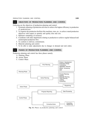 PRODUCTION PLANNING AND CONTROL                                                                '

 5.3    OBJECTIVES OF PRODUCTION PLANNING AND CONTROL
Following are the objectives of production planning and control:
     1. Systematic planning of production activities to achieve the highest efficiency in production
        of goods/services.
     2. To organize the production facilities like machines, men, etc., to achieve stated production
        objectives with respect to quantity and quality time and cost.
     3. Optimum scheduling of resources.
     4. Coordinate with other departments relating to production to achieve regular balanced and
        uninterrupted production flow.
     5. To conform to delivery commitments.
     6. Materials planning and control.
     7. To be able to make adjustments due to changes in demand and rush orders.

 5.4    PHASES OF PRODUCTION PLANNING AND CONTROL
Production planning and control has three phases namely:
    A. Planning Phase
    B. Action Phase
    C. Control Phase




                        Fig. 5.1 Phases of production planning and control
 