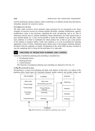 PRODUCTION AND OPERATIONS MANAGEMENT

used for performing variance analysis, which would help us to identify critical areas that deserve
immediate attention for corrective actions.
2. CORRECTIVE ACTION
The tasks under corrective action primarily make provisions for an unexpected event. Some
examples of corrective actions are creating schedule flexibility, schedule modifications, capacity
modifications, make or buy decisions, expediting the work, pre-planning, and so on. Due to
unforeseen reasons such as, machine breakdown, labour absenteeism, too much rejection due to
poor material quality etc., it may not be possible to realize the schedule as per the plan. Under
such condition, it is better to reschedule the whole product mix so that we get a clear picture
of the situation to progress further. Under such situation, it is to be re-examined for selecting
appropriate course of action. Expediting means taking action if the progress reporting indicates
deviations from the originally set targets. Pre-planning of the whole affair becomes essential in
case the expediting fails to bring the deviated plan to its right path.

 5.5    FUNCTIONS OF PRODUCTION PLANNING AND CONTROL
Functions of production planning and controlling is classified into:
    1. Pre-planning fuction
    2. Planning function
    3. Control function
    The functions of production planning and controlling are depicted in the Fig. 5.2.
1. PRE-PLANNING FUNCTION
Pre-planning is a macro level planning and deals with analysis of data and is an outline of the
planning policy based upon the forecasted demand, market analysis and product design and




                                            Feedback
                      Fig. 5.2 Functions of production planning and control
 
