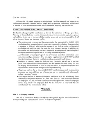 QUALITY CONTROL                                                                                #'

     Although the ISO 14000 standards are similar to the ISO 9000 standards, the nature of the
environmental standards creates a need for people who are technical environment professionals
in addition to those required to maintain the documentation necessary for certification.

6.10.1     The Benefits of ISO 14000 Certification
The benefits of acquiring ISO certification go beyond the satisfaction of doing a good deed.
Adhering to the standard may result in better conformance to environmental regulations, greater
marketability, better use of resources, higher quality goods and services, increased levels of
safety, improved image and increased profits.
     l   The environmental awareness and the documentation that are required by the ISO 14000
         standards assist a company in conforming to environmental regulations. This means that
         a company, by diligently adhering to the standard, is less likely to violate environmental
         regulations and is always ready for inspection by a regulatory agency. In addition, the
         certification and documentation may aid a company in acquiring capital, in defending itself
         during environmental litigation and in receiving insurance or permits.
     l   A wider market for a company’s goods and services may result from certification. Many
         corporations and governments will be looking for suppliers that are ISO 14000 certified
         in order to maintain their own certification and environment-friendly image.
     l   Producers of consumer goods may find that many consumers not only try to purchase
         goods from environment-friendly companies, but will spend a little more if they feel they
         are helping the environment. In order to reap this benefit, a company must make their
         environmental efforts known through advertising and labelling.
     l   The process analyses that go along with ISO 14000 certification may result in streamlining
         processes and more efficient use of resources and raw materials and subsequently
         reduce a company’s costs.
     l   Reducing the amount of potentially dangerous substances in an end product may result
         in less use of dangerous chemicals in a plant. This leads to a safer internal environment
         for employees and the possibility of reduced insurance premiums. Improved employee
         morale may result when employees feel that the workplace is safer and they are
         contributing to the environmental effort.

                                           ANNEXURE–I


List of Certifying Bodies
   The list of certification bodies with Quality Management System and Environmental
Management System for 9000 series is listed in the following tables:
 