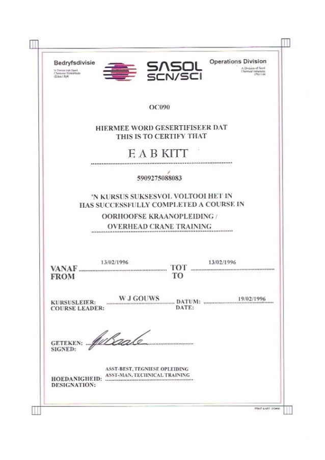 a. SASOL SCNSCI Overhead Crane Training Certificate