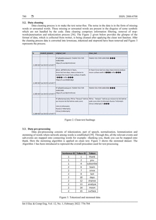  ISSN: 2088-8708
Int J Elec & Comp Eng, Vol. 12, No. 1, February 2022: 776-784
780
3.2. Data cleaning
Data cleaning process is to make the text noise-free. The noise in the data is in the form of missing
words or unwanted words. These missing or unwanted words are present in the disguise of some symbols
which are not handled by the code. Data cleaning comprises information filtering, removal of stop-
words/punctuation and tokenization process [36]. The Figure 2 given below provides the glimpse of the
format of data, which is collected from twitter, is being cleaned after applying the clean text function. After
the cleaning process data is converted into lowercase, tokenized and stopword have been removed and Figure 3
represents the process.
Figure 2. Clean text hashtags
3.3. Data pre-processing
Data pre-processing consists of tokenization, part of speech, normalization, lemmatization and
stemming of words where network among words is established [39]. Through this, all the relevant events and
sub-events are mapped onto connecting words for example: -thanking you, thank you can be mapped onto
thank. Here the stemming algorithm is applied on clean text. Figure 3 shows the stemmed dataset. The
Algorithm 1 has been introduced to represent the overall procedure used for text processing.
Figure 3. Tokenized and stemmed data
 