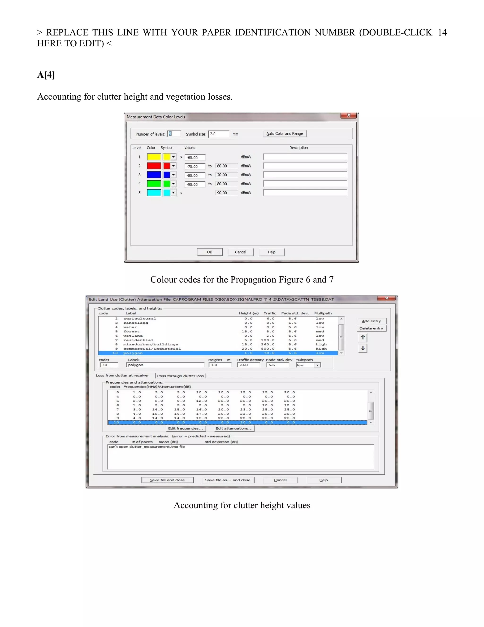 > REPLACE THIS LINE WITH YOUR PAPER IDENTIFICATION NUMBER (DOUBLE-CLICK
HERE TO EDIT) <
A[4]
Accounting for clutter height and vegetation losses.
Colour codes for the Propagation Figure 6 and 7
Accounting for clutter height values
14
 