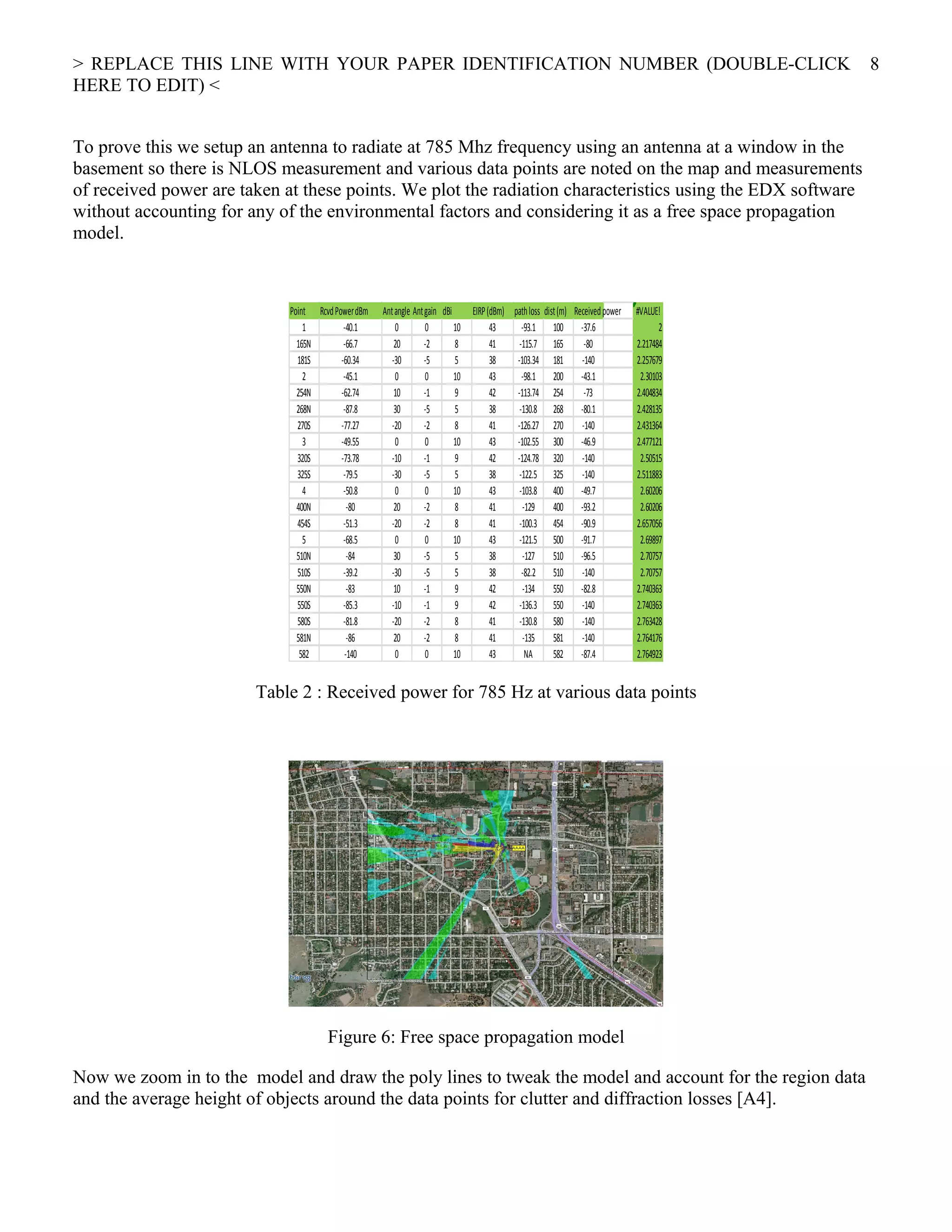 > REPLACE THIS LINE WITH YOUR PAPER IDENTIFICATION NUMBER (DOUBLE-CLICK
HERE TO EDIT) <
To prove this we setup an antenna to radiate at 785 Mhz frequency using an antenna at a window in the
basement so there is NLOS measurement and various data points are noted on the map and measurements
of received power are taken at these points. We plot the radiation characteristics using the EDX software
without accounting for any of the environmental factors and considering it as a free space propagation
model.
Point RcvdPowerdBm Antangle Antgain dBi EIRP(dBm) pathloss dist(m) Receivedpower #VALUE!
1 -40.1 0 0 10 43 -93.1 100 -37.6 2
165N -66.7 20 -2 8 41 -115.7 165 -80 2.217484
181S -60.34 -30 -5 5 38 -103.34 181 -140 2.257679
2 -45.1 0 0 10 43 -98.1 200 -43.1 2.30103
254N -62.74 10 -1 9 42 -113.74 254 -73 2.404834
268N -87.8 30 -5 5 38 -130.8 268 -80.1 2.428135
270S -77.27 -20 -2 8 41 -126.27 270 -140 2.431364
3 -49.55 0 0 10 43 -102.55 300 -46.9 2.477121
320S -73.78 -10 -1 9 42 -124.78 320 -140 2.50515
325S -79.5 -30 -5 5 38 -122.5 325 -140 2.511883
4 -50.8 0 0 10 43 -103.8 400 -49.7 2.60206
400N -80 20 -2 8 41 -129 400 -93.2 2.60206
454S -51.3 -20 -2 8 41 -100.3 454 -90.9 2.657056
5 -68.5 0 0 10 43 -121.5 500 -91.7 2.69897
510N -84 30 -5 5 38 -127 510 -96.5 2.70757
510S -39.2 -30 -5 5 38 -82.2 510 -140 2.70757
550N -83 10 -1 9 42 -134 550 -82.8 2.740363
550S -85.3 -10 -1 9 42 -136.3 550 -140 2.740363
580S -81.8 -20 -2 8 41 -130.8 580 -140 2.763428
581N -86 20 -2 8 41 -135 581 -140 2.764176
582 -140 0 0 10 43 NA 582 -87.4 2.764923
Table 2 : Received power for 785 Hz at various data points
Figure 6: Free space propagation model
Now we zoom in to the model and draw the poly lines to tweak the model and account for the region data
and the average height of objects around the data points for clutter and diffraction losses [A4].
8
 
