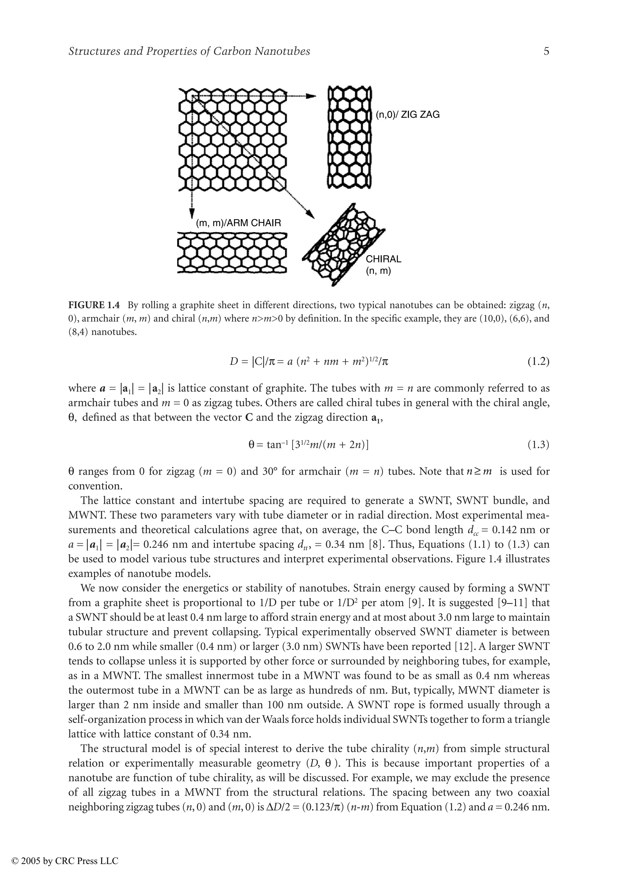 Structures and Properties of Carbon Nanotubes 5
D = |C|/U = a (n2 + nm + m2)1/2/U (1.2)
where a = |a1| = |a2| is lattice constant of graphite. The tubes with m = n are commonly referred to as
armchair tubes and m = 0 as zigzag tubes. Others are called chiral tubes in general with the chiral angle,
V, defined as that between the vector C and the zigzag direction a1,
V = tan–1 [31/2m/(m + 2n)] (1.3)
V ranges from 0 for zigzag (m = 0) and 30° for armchair (m = n) tubes. Note that is used for
convention.
The lattice constant and intertube spacing are required to generate a SWNT, SWNT bundle, and
MWNT. These two parameters vary with tube diameter or in radial direction. Most experimental mea-
surements and theoretical calculations agree that, on average, the C–C bond length dcc = 0.142 nm or
a = |a1| = |a2|= 0.246 nm and intertube spacing dtt, = 0.34 nm [8]. Thus, Equations (1.1) to (1.3) can
be used to model various tube structures and interpret experimental observations. Figure 1.4 illustrates
examples of nanotube models.
We now consider the energetics or stability of nanotubes. Strain energy caused by forming a SWNT
from a graphite sheet is proportional to 1/D per tube or 1/D2 per atom [9]. It is suggested [9–11] that
a SWNT should be at least 0.4 nm large to afford strain energy and at most about 3.0 nm large to maintain
tubular structure and prevent collapsing. Typical experimentally observed SWNT diameter is between
0.6 to 2.0 nm while smaller (0.4 nm) or larger (3.0 nm) SWNTs have been reported [12]. A larger SWNT
tends to collapse unless it is supported by other force or surrounded by neighboring tubes, for example,
as in a MWNT. The smallest innermost tube in a MWNT was found to be as small as 0.4 nm whereas
the outermost tube in a MWNT can be as large as hundreds of nm. But, typically, MWNT diameter is
larger than 2 nm inside and smaller than 100 nm outside. A SWNT rope is formed usually through a
self-organization process in which van der Waals force holds individual SWNTs together to form a triangle
lattice with lattice constant of 0.34 nm.
The structural model is of special interest to derive the tube chirality (n,m) from simple structural
relation or experimentally measurable geometry (D, V ). This is because important properties of a
nanotube are function of tube chirality, as will be discussed. For example, we may exclude the presence
of all zigzag tubes in a MWNT from the structural relations. The spacing between any two coaxial
neighboring zigzag tubes (n, 0) and (m, 0) is )D/2 = (0.123/U) (n-m) from Equation (1.2) and a = 0.246 nm.
FIGURE 1.4 By rolling a graphite sheet in different directions, two typical nanotubes can be obtained: zigzag (n,
0), armchair (m, m) and chiral (n,m) where nm0 by definition. In the specific example, they are (10,0), (6,6), and
(8,4) nanotubes.
(n,0)/ ZIG ZAG
(m, m)/ARM CHAIR
CHIRAL
(n, m)
n m
v
© 2005 by CRC Press LLC
 
