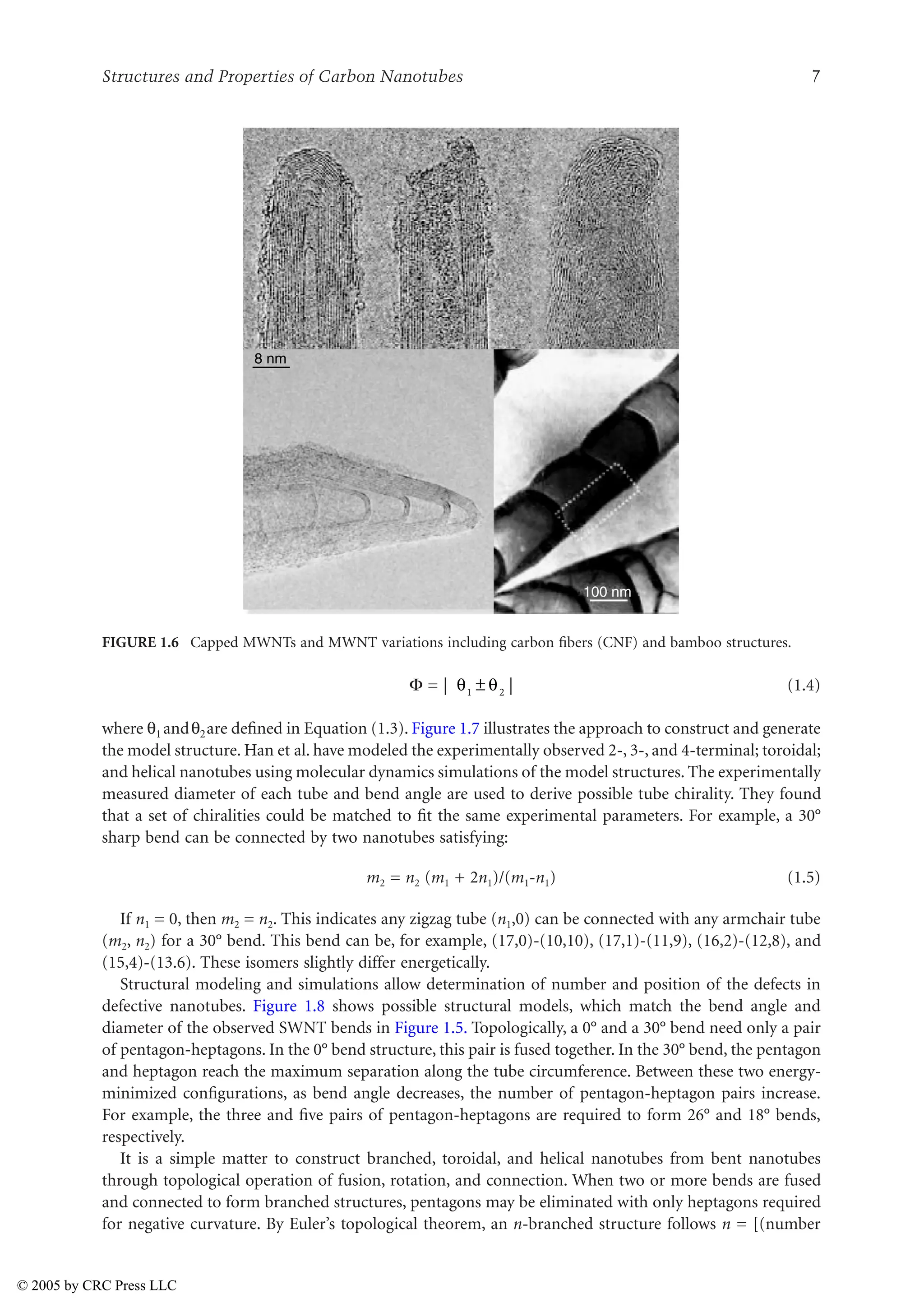 Structures and Properties of Carbon Nanotubes 7
+ = | | (1.4)
where V1 andV2are defined in Equation (1.3). Figure 1.7 illustrates the approach to construct and generate
the model structure. Han et al. have modeled the experimentally observed 2-, 3-, and 4-terminal; toroidal;
and helical nanotubes using molecular dynamics simulations of the model structures. The experimentally
measured diameter of each tube and bend angle are used to derive possible tube chirality. They found
that a set of chiralities could be matched to fit the same experimental parameters. For example, a 30°
sharp bend can be connected by two nanotubes satisfying:
m2 = n2 (m1 + 2n1)/(m1-n1) (1.5)
If n1 = 0, then m2 = n2. This indicates any zigzag tube (n1,0) can be connected with any armchair tube
(m2, n2) for a 30° bend. This bend can be, for example, (17,0)-(10,10), (17,1)-(11,9), (16,2)-(12,8), and
(15,4)-(13.6). These isomers slightly differ energetically.
Structural modeling and simulations allow determination of number and position of the defects in
defective nanotubes. Figure 1.8 shows possible structural models, which match the bend angle and
diameter of the observed SWNT bends in Figure 1.5. Topologically, a 0° and a 30° bend need only a pair
of pentagon-heptagons. In the 0° bend structure, this pair is fused together. In the 30° bend, the pentagon
and heptagon reach the maximum separation along the tube circumference. Between these two energy-
minimized configurations, as bend angle decreases, the number of pentagon-heptagon pairs increase.
For example, the three and five pairs of pentagon-heptagons are required to form 26° and 18° bends,
respectively.
It is a simple matter to construct branched, toroidal, and helical nanotubes from bent nanotubes
through topological operation of fusion, rotation, and connection. When two or more bends are fused
and connected to form branched structures, pentagons may be eliminated with only heptagons required
for negative curvature. By Euler’s topological theorem, an n-branched structure follows n = [(number
FIGURE 1.6 Capped MWNTs and MWNT variations including carbon fibers (CNF) and bamboo structures.
8 nm
100 nm
V V
1 2
±
© 2005 by CRC Press LLC
 
