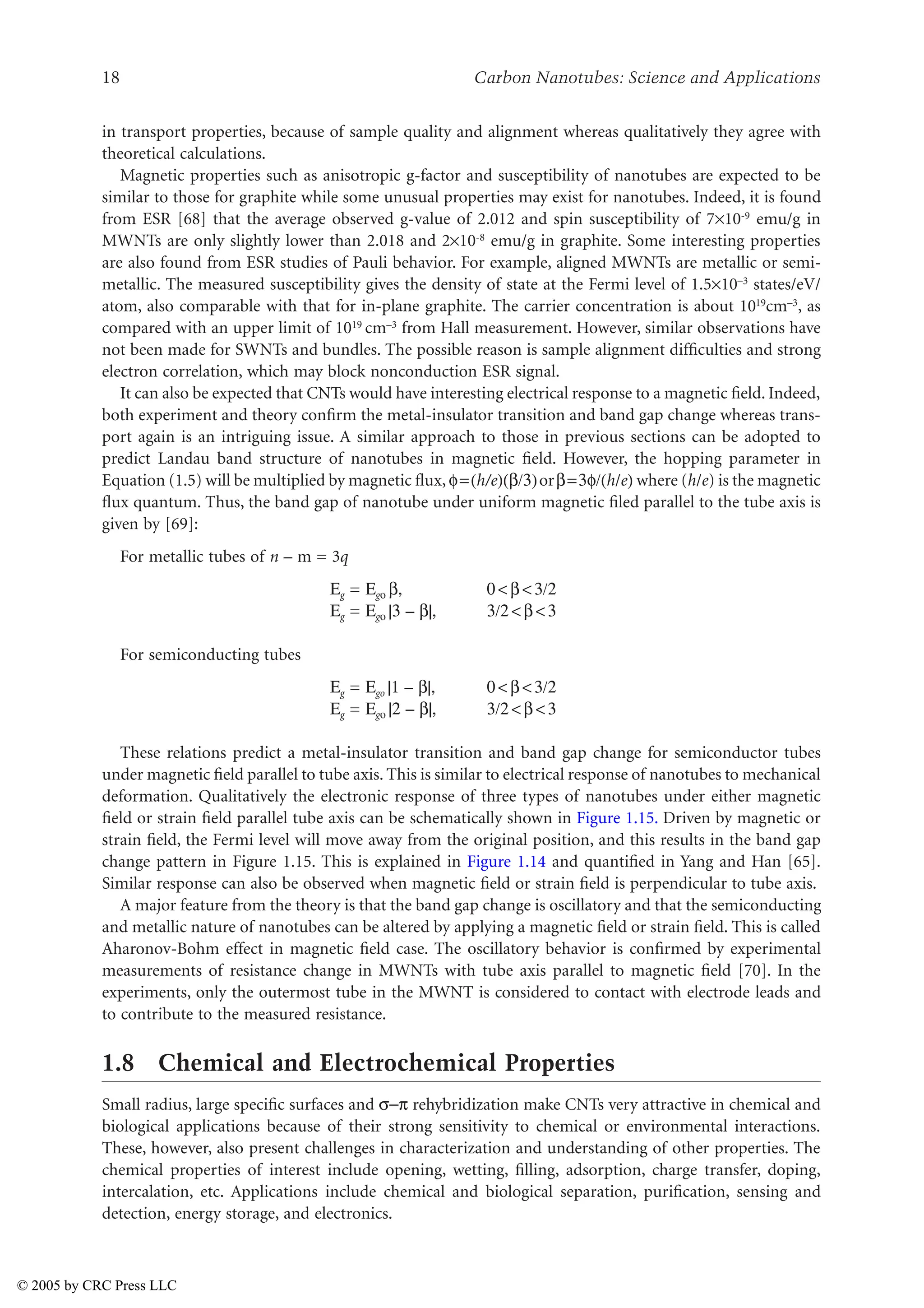 18 Carbon Nanotubes: Science and Applications
in transport properties, because of sample quality and alignment whereas qualitatively they agree with
theoretical calculations.
Magnetic properties such as anisotropic g-factor and susceptibility of nanotubes are expected to be
similar to those for graphite while some unusual properties may exist for nanotubes. Indeed, it is found
from ESR [68] that the average observed g-value of 2.012 and spin susceptibility of 7×10-9 emu/g in
MWNTs are only slightly lower than 2.018 and 2×10-8 emu/g in graphite. Some interesting properties
are also found from ESR studies of Pauli behavior. For example, aligned MWNTs are metallic or semi-
metallic. The measured susceptibility gives the density of state at the Fermi level of 1.5×10–3 states/eV/
atom, also comparable with that for in-plane graphite. The carrier concentration is about 1019cm–3, as
compared with an upper limit of 1019 cm–3 from Hall measurement. However, similar observations have
not been made for SWNTs and bundles. The possible reason is sample alignment difficulties and strong
electron correlation, which may block nonconduction ESR signal.
It can also be expected that CNTs would have interesting electrical response to a magnetic field. Indeed,
both experiment and theory confirm the metal-insulator transition and band gap change whereas trans-
port again is an intriguing issue. A similar approach to those in previous sections can be adopted to
predict Landau band structure of nanotubes in magnetic field. However, the hopping parameter in
Equation (1.5) will be multiplied by magnetic flux, K=(h/e)(G/3)orG=3K/(h/e) where (h/e) is the magnetic
flux quantum. Thus, the band gap of nanotube under uniform magnetic filed parallel to the tube axis is
given by [69]:
For metallic tubes of n – m = 3q
*g = *gT G, 0  G  3/2
*g = *gT |3 – G|, 3/2  G  3
For semiconducting tubes
*g = *go |1 – G|, 0  G  3/2
*g = *gT |2 – G|, 3/2  G  3
These relations predict a metal-insulator transition and band gap change for semiconductor tubes
under magnetic field parallel to tube axis. This is similar to electrical response of nanotubes to mechanical
deformation. Qualitatively the electronic response of three types of nanotubes under either magnetic
field or strain field parallel tube axis can be schematically shown in Figure 1.15. Driven by magnetic or
strain field, the Fermi level will move away from the original position, and this results in the band gap
change pattern in Figure 1.15. This is explained in Figure 1.14 and quantified in Yang and Han [65].
Similar response can also be observed when magnetic field or strain field is perpendicular to tube axis.
A major feature from the theory is that the band gap change is oscillatory and that the semiconducting
and metallic nature of nanotubes can be altered by applying a magnetic field or strain field. This is called
Aharonov-Bohm effect in magnetic field case. The oscillatory behavior is confirmed by experimental
measurements of resistance change in MWNTs with tube axis parallel to magnetic field [70]. In the
experiments, only the outermost tube in the MWNT is considered to contact with electrode leads and
to contribute to the measured resistance.
1.8 Chemical and Electrochemical Properties
Small radius, large specific surfaces and XU rehybridization make CNTs very attractive in chemical and
biological applications because of their strong sensitivity to chemical or environmental interactions.
These, however, also present challenges in characterization and understanding of other properties. The
chemical properties of interest include opening, wetting, filling, adsorption, charge transfer, doping,
intercalation, etc. Applications include chemical and biological separation, purification, sensing and
detection, energy storage, and electronics.
© 2005 by CRC Press LLC
 