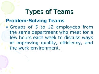 Types of Teams
Problem-Solving Teams
• Groups of 5 to 12 employees from
  the same department who meet for a
  few hours each week to discuss ways
  of improving quality, efficiency, and
  the work environment.
 