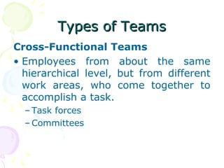 Types of Teams
Cross-Functional Teams
• Employees from about the same
  hierarchical level, but from different
  work areas, who come together to
  accomplish a task.
  – Task forces
  – Committees
 
