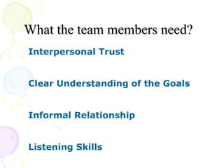 What the team members need?
Interpersonal Trust


Clear Understanding of the Goals


Informal Relationship


Listening Skills
 