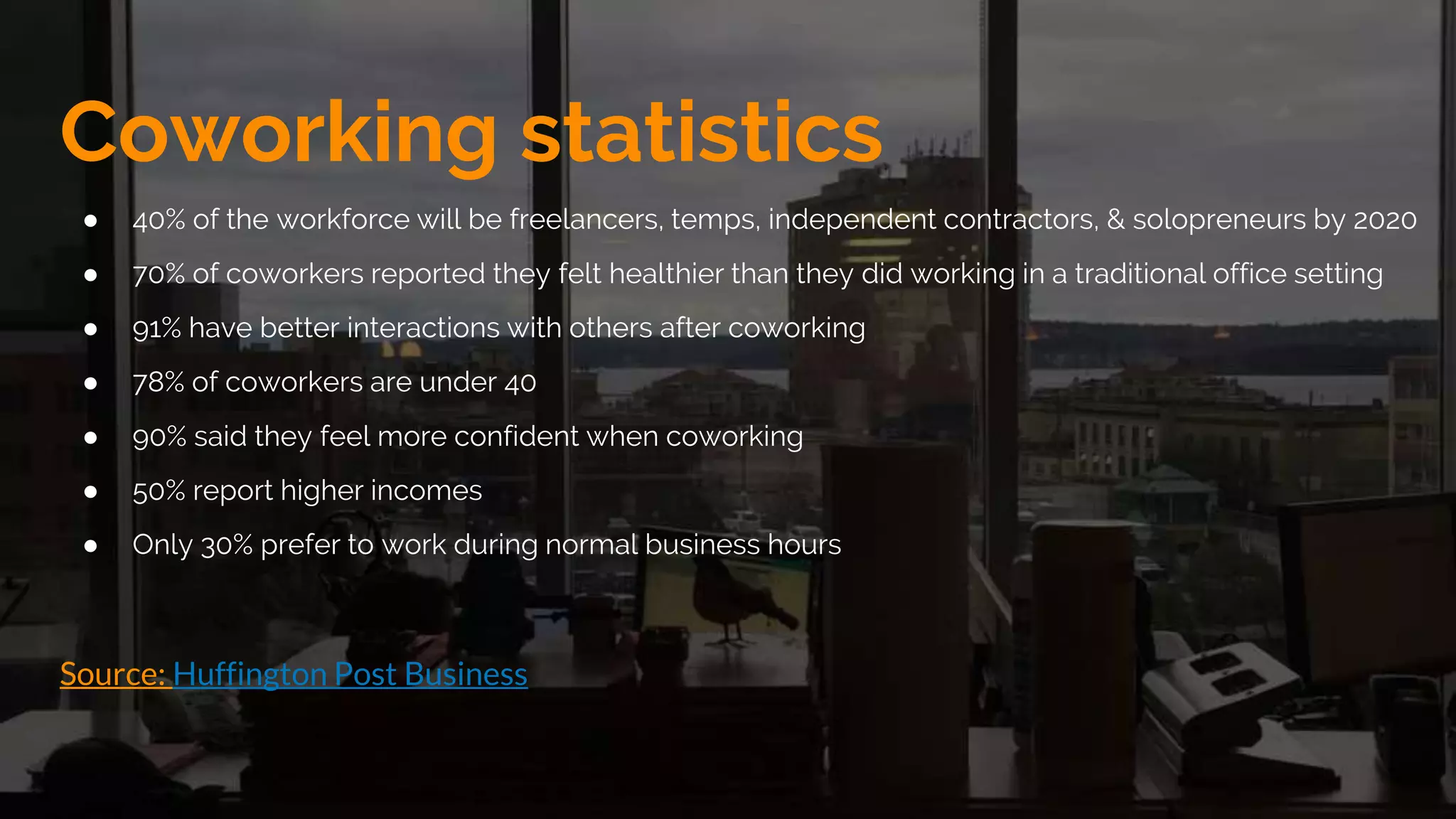 Coworking statistics
● 40% of the workforce will be freelancers, temps, independent contractors, & solopreneurs by 2020
● 70% of coworkers reported they felt healthier than they did working in a traditional office setting
● 91% have better interactions with others after coworking
● 78% of coworkers are under 40
● 90% said they feel more confident when coworking
● 50% report higher incomes
● Only 30% prefer to work during normal business hours
Source: Huffington Post Business
 