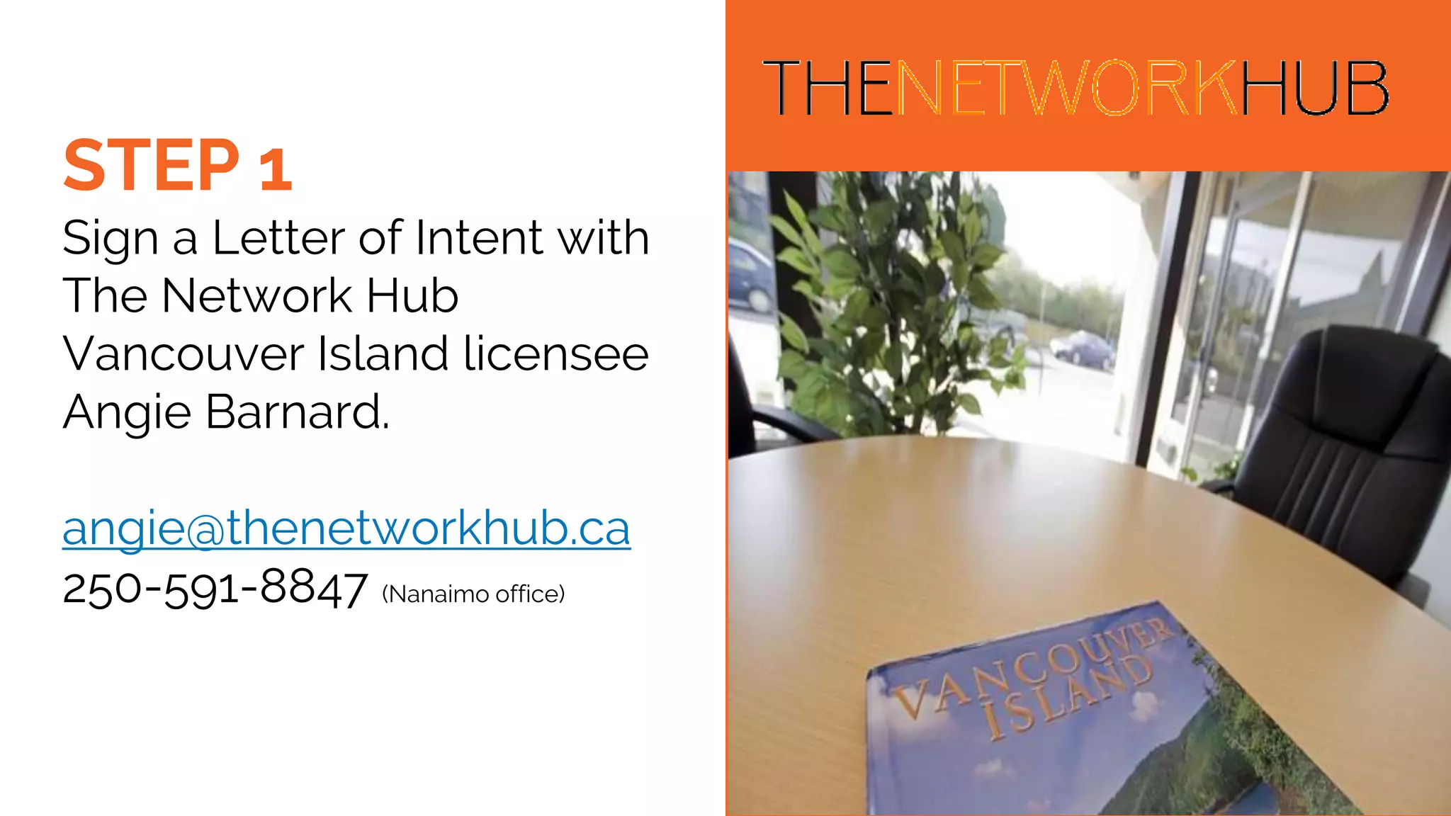STEP 1
Sign a Letter of Intent with
The Network Hub
Vancouver Island licensee
Angie Barnard.
angie@thenetworkhub.ca
250-591-8847 (Nanaimo office)
 