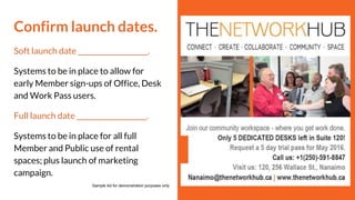 Confirm launch dates.
Soft launch date ____________________.
Systems to be in place to allow for
early Member sign-ups of Office, Desk
and Work Pass users.
Full launch date ____________________.
Systems to be in place for all full
Member and Public use of rental
spaces; plus launch of marketing
campaign.
Sample Ad for demonstration purposes only
 