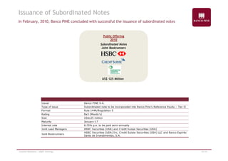 Issuance of Subordinated Notes 
In February, 2010, Banco PINE concluded with successful the issuance of subordinated notes 
Public Offering 
2010 
Subordinated Notes 
Joint Bookrunners 
US$ 125 Million 
Issuer Banco PINE S.A. 
Type of issue Subordinated note to be incorporated into Banco Pine’s Reference Equity – Tier II 
Format Rule 144A/Regulation S 
Rating Ba3 (Moody’s) 
Size US$125 million 
Maturity January-17 
Interest rate 8.75% p.a. to be paid semi-annually 
Joint Lead Managers HSBC Securities (USA) and Credit Suisse Securities (USA) 
Joint Bookrunners 
HSBC Securities (USA) Inc, Credit Suisse Securities (USA) LLC and Banco Espirito 
Santo de Investimentos Investimentos, S S.A 
A. 
Investor Relations | 4Q09 Earnings 15/19 
 