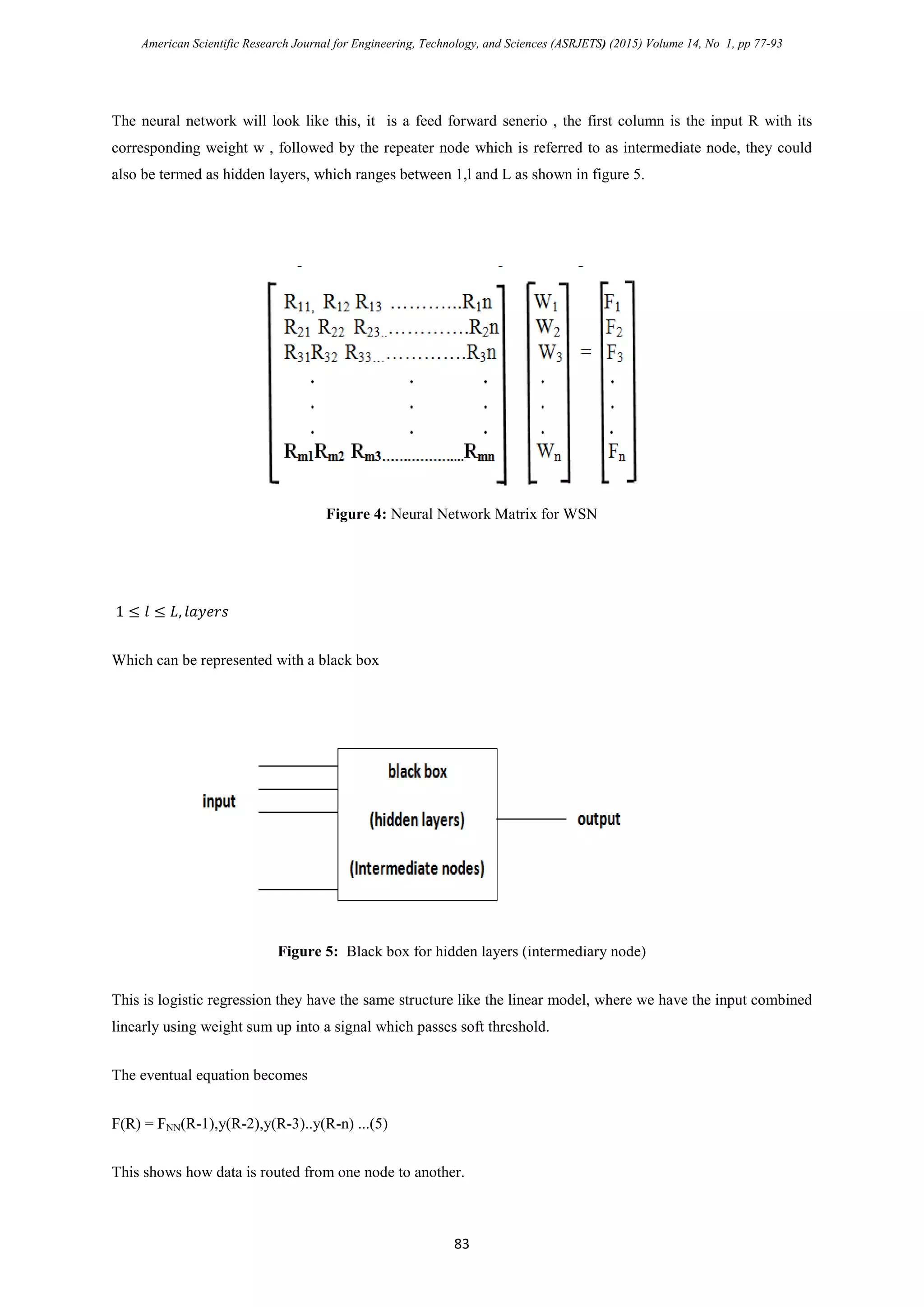 American Scientific Research Journal for Engineering, Technology, and Sciences (ASRJETS) (2015) Volume 14, No 1, pp 77-93
The neural network will look like this, it is a feed forward senerio , the first column is the input R with its
corresponding weight w , followed by the repeater node which is referred to as intermediate node, they could
also be termed as hidden layers, which ranges between 1,l and L as shown in figure 5.
Figure 4: Neural Network Matrix for WSN
1 ≤ 𝑙 ≤ 𝐿, 𝑙𝑎𝑦𝑒𝑟𝑠
Which can be represented with a black box
Figure 5: Black box for hidden layers (intermediary node)
This is logistic regression they have the same structure like the linear model, where we have the input combined
linearly using weight sum up into a signal which passes soft threshold.
The eventual equation becomes
F(R) = FNN(R-1),y(R-2),y(R-3)..y(R-n) ...(5)
This shows how data is routed from one node to another.
83
 