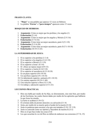 FRASES CLAVES:

  1. “Mejor” es una palabra que aparece 12 veces en Hebreos
  2. La palabra “Eterno” o “para siempre” aparecen como 15 veces

BOSQUEJO DE HEBREOS:

  1.   Argumento: Cristo es mejor que los profetas y los angeles (1)
  2.   Exhortación (2:1-4)
  3.   Argumento: Cristo es mejor que los angeles y Moisés (2:5-3:6)
  4.   Exhortación (3:7-4:16)
  5.   Argumento: Cristo tiene un mejor sacerdocio, parte I (5:1-10)
  6.   Exhortación (5:11-6:20)
  7.   Argumento: Cristo tiene un mejor sacerdocio, parte II (7:1-10:18)
  8.   Exhortación (10:19-13:25)

LA SUPERIORIDAD DE JESUS:

  1. El es superior a los profetas (1:1-4)
  2. El es superior a los ángeles (1:4-2:18)
  3. El es superior a Moisés (3:1-19)
  4. El es superior a Josué (4:1-8)
  5. El ofrece un reposo mejor (4:9-13)
  6. El es superior a Aarón (4:14-5:10)
  7. El es superior al sacerdocio (6:13-10:18)
  8. Es un pacto superior (8:6-10:18)
  9. Un sacrificio superior (9:1-10:18)
  10. Un tabernáculo superior, santuario (9:1-10:18)
  11. Un camino superior (10:19-11:40)
  12. Una relación superior a Dios (12:1-29)
  13. Un trabajo y adoración superior (13:1-21)

LECCIONES PRACTICAS:

  1. Dios nos habla por medio de Su Hijo, no directamente, sino más bien, por medio
     de las Escrituras, las cuales fueron dadas por medio de los apóstoles que hablaron
     lo que Jesus les enseño.
  2. La tierra se acabara (1:10-12)
  3. El cristiano debe de prestar atención a su salvación (2:1-4)
  4. Jesús, por medio de su muerte quito el poder de la muerte (2:14)
  5. Jesús es poderoso para socorrer a los que son tentados (2:18; 2 P. 2:9)
  6. Jesús es conocido como un Apóstol y Sacerdote de nuestra fe (3:1)
  7. Dios es el que hace todas las cosas (3:4)
  8. Los que escuchan la voz de Dios no deben de endurecer sus corazones (3:7-8, 15)



                                         214
 