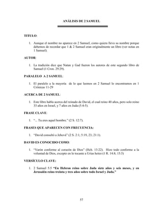 ANÁLISIS DE 2 SAMUEL



TITULO:

  1. Aunque el nombre no aparece en 2 Samuel, como quiera lleva su nombre porque
     debemos de recordar que 1 & 2 Samuel eran originalmente un libro (ver notas en
     1 Samuel).

AUTOR:

  1. La tradición dice que Natan y Gad fueron los autores de este segundo libro de
     Samuel (1 Cron. 29:29).

PARALELO A 2 SAMUEL:

  1. El paralelo a la mayoría de lo que leemos en 2 Samuel lo encontramos en 1
     Crónicas 11-29

ACERCA DE 2 SAMUEL:

  1. Este libro habla acerca del reinado de David, el cual reino 40 años, pero solo reino
     33 años en Israel, y 7 años en Juda (5:4-5).

FRASE CLAVE:

  1. “... Tu eres aquel hombre.” (2 S. 12:7).

FRASES QUE APARECEN CON FRECUENCIA:

  1. “David consultó a Jehová” (2 S. 2:1; 5:19, 23; 21:1).

DAVID ES CONOCIDO COMO:

  1. “Varón conforme al corazón de Dios” (Hch. 13:22). Hizo todo conforme a la
     voluntad de Dios, excepto en lo tocante a Urías heteo (1 R. 14:8; 15:5)

VERSÍCULO CLAVE:

  1. 2 Samuel 5:5 “En Hebron reino sobre Juda siete años y seis meses, y en
     Jerusalén reino treinta y tres años sobre todo Israel y Juda.”




                                          57
 