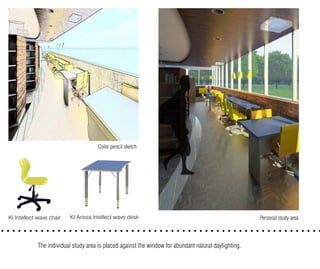 KI Arissa Intellect wave deskKI Intellect wave chair Personal study area
Color pencil sketch
The individual study area is placed against the window for abundant natural daylighting.
 