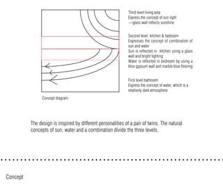 Third level:living area
Express the concept of sun light
---glass wall reflects sunshine
SUN:BRIGHT, RADIATION,HIGH
LVING AREA
WATER: DARK,FLOW,DEEP
BATHROOM
MIDDLE:COMBINATION OF SUN AND WATER
SUN:KITCHEN
WATER:BEDROOM
Second level: kitchen & bedroom
Expresses the concept of combination of
sun and water
Sun is reflected in kitchen using a glass
wall and bright lighting
Water is reflected in bedroom by using a
blue gypsum wall and marble blue flooring
First level:bathroom
Express the concept of water, which is a
relatively dark atmosphere
Concept diagram
Concept
The design is inspired by different personalities of a pair of twins. The natural
concepts of sun, water and a combination divide the three levels.
 