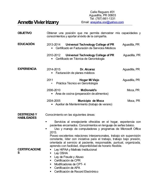 Resume Ejemplos En Espanol - Resume De Annette Vivier1 1 638 