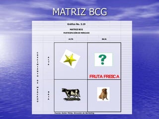 MATRIZ BCG
Fuente: Kotler Philip. Dirección de Marketing .
C
R
E
C
I
M
I
E
N
T
O
D
E
M
E
R
C
A
D
O
A
L
T
A
FRUTA FRES
CA
B
A
J
A
ALTA BAJA
Gráfico No. 3.19
MATRIZ BCG
PARTICIPACIÓN DE MERCADO
 