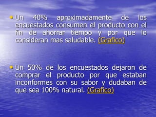 • Un 40% aproximadamente de los
encuestados consumen el producto con el
fin de ahorrar tiempo y por que lo
consideran mas saludable. (Grafico)
• Un 50% de los encuestados dejaron de
comprar el producto por que estaban
inconformes con su sabor y dudaban de
que sea 100% natural. (Grafico)
 