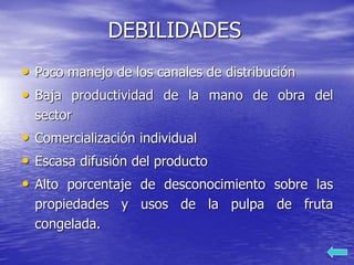 DEBILIDADES
• Poco manejo de los canales de distribución
• Baja productividad de la mano de obra del
sector
• Comercialización individual
• Escasa difusión del producto
• Alto porcentaje de desconocimiento sobre las
propiedades y usos de la pulpa de fruta
congelada.
 