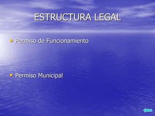 ESTRUCTURA LEGAL
• Permiso de Funcionamiento
• Permiso Municipal
 