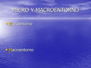 MICRO Y MACROENTORNO
• Microentorno
• Macroentorno
 