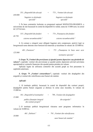 551 „Disponibil din alocaţii = 773 „ Venituri din alocaţii
450.000
bugetare cu destinaţie bugetare cu destinaţie
specială” specială”
3. În baza contratelor încheiate cu programul naţional SOCRATES-ERASMUS, o
universitate de stat încasează în contul de disponibil în valută, suma de 15.000 euro, la cursul
de 3,25 lei/euro.
515 „Disponibil din fonduri = 774 „Finanţarea din fonduri
48.750
externe nerambursabile” externe nerambursabile”
4. Ca urmare a stingerii unor obligaţii bugetare prin compensare, potrivit legii se
înregistrează sume datorate unor furnizori de materiale şi neachitate în valoare de 125.000 lei.
401 „Furnizori” = 771 „Finanţarea în baza unor acte
125.000
normative speciale”
I. Grupa 78 „Venituri din provizioane şi ajustări pentru depreciere sau pierderile de
valoare”, cuprinde: venituri din provizioane şi ajustări pentru depreciere privind activitatea
operaţională şi veniturile financiare din ajustări pentru pierdere de valoare.
Aplicaţii legate de utilizarea conturilor din această grupă au fost prezentate la
capitolele anterioare.
J. Grupa 79 „Venituri extraordinare”, cuprinde: venituri din despăgubiri din
asigurări şi venituri din valorificarea unor bunuri ale statului.
Aplicaţii:
1. O instituţie publică, încasează în contul de disponibil din venituri proprii,
despăgubiri pentru bunuri asigurate şi distruse în urma unui incendiu, în valoare de
15.000 lei.
561 „Disponibil al instituţiilor = 790 „Venituri din despăgubiri
15.000
publice finanţate integral din asigurări”
din venituri proprii”
2. O instituţie publică înregistrează vânzarea unor programe informatice în
valoare de 10.000 lei.
461 „Debitori” = 791 „Venituri din valorificarea
10.000
unor bunuri ale statului”
122
 